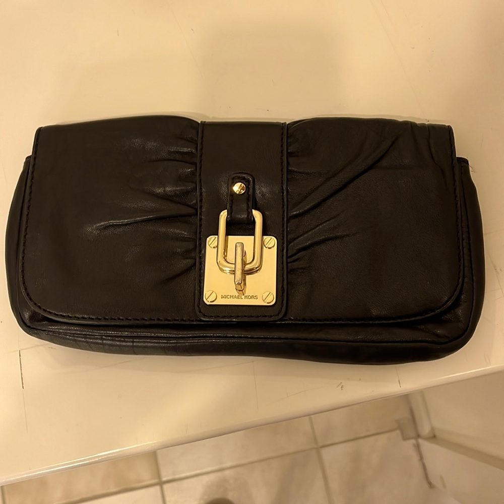 Michael Kors black leather clutch with gold hardware